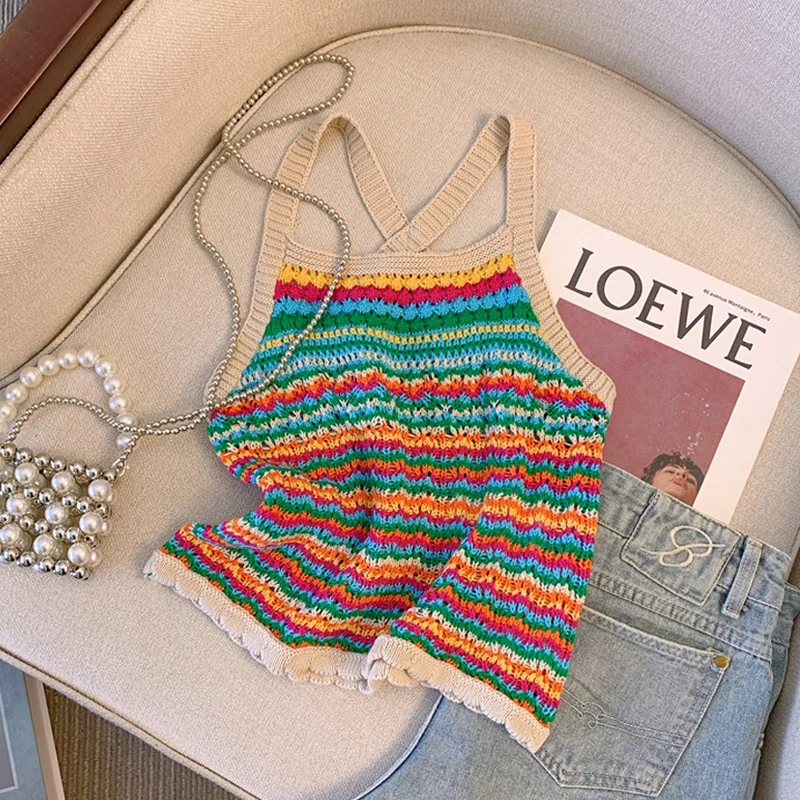 Seaside Vacation Bohemian Stripe Contrast Color Knitted Small Cami Women Summer Outer Wear Thailand  Short Jacket