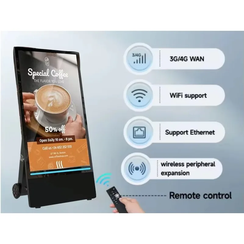 Outdoor digital signage for restaurants, battery-powered stainless steel/glass 55-inch LCD kiosk for easy installation