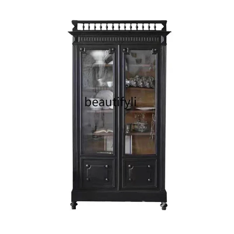 

Armadietto per vino americano in legno massello libreria francese vetrina per decorazione laterale da pranzo in vetro retrò