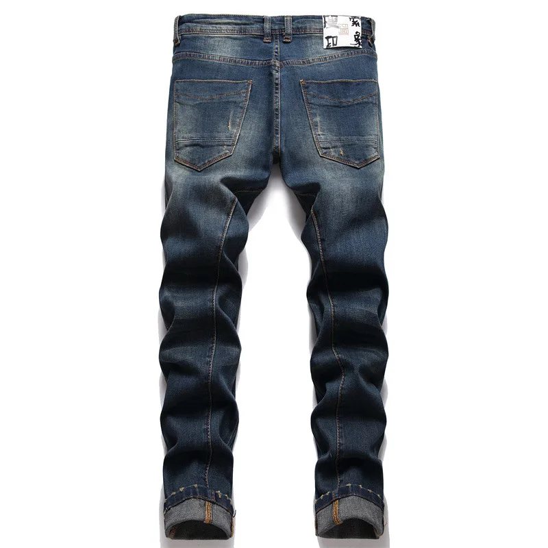 Men\'s New Srim Jeans Fashion Splicing Solid Color Business Casual Pants Mid-Waist Stretch Classic Blue Trousers Worn Clothes