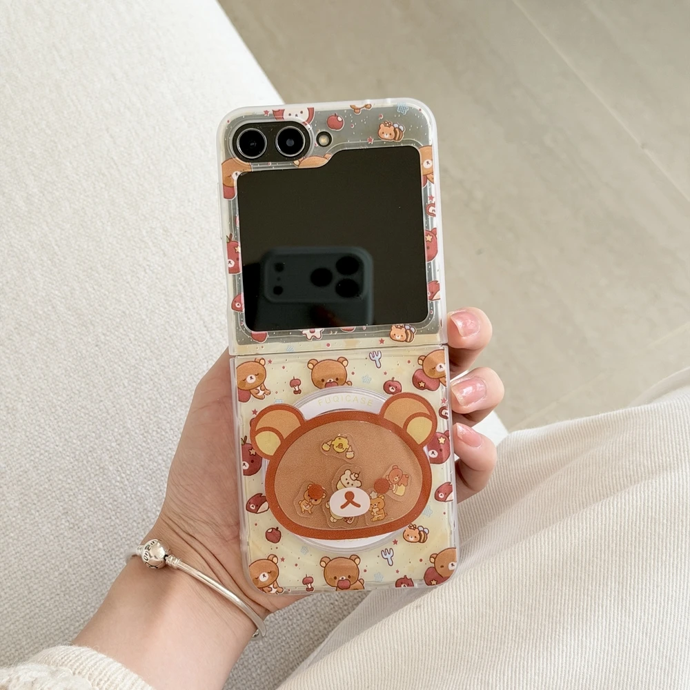 Magnetischer Griffhalter Magsafe Wireless Charge Handyhülle für Samsung Galaxy Z Flip 7 6 5 4 3, niedliche Cartoon-Rilakkuma-Bärenabdeckung