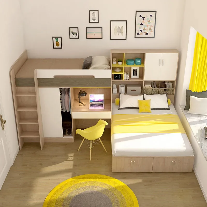 Modern High Low Bunk Bed with Integrated Wardrobe Double Bed Frame Multi Functional Storage Closet Bedroom Furniture