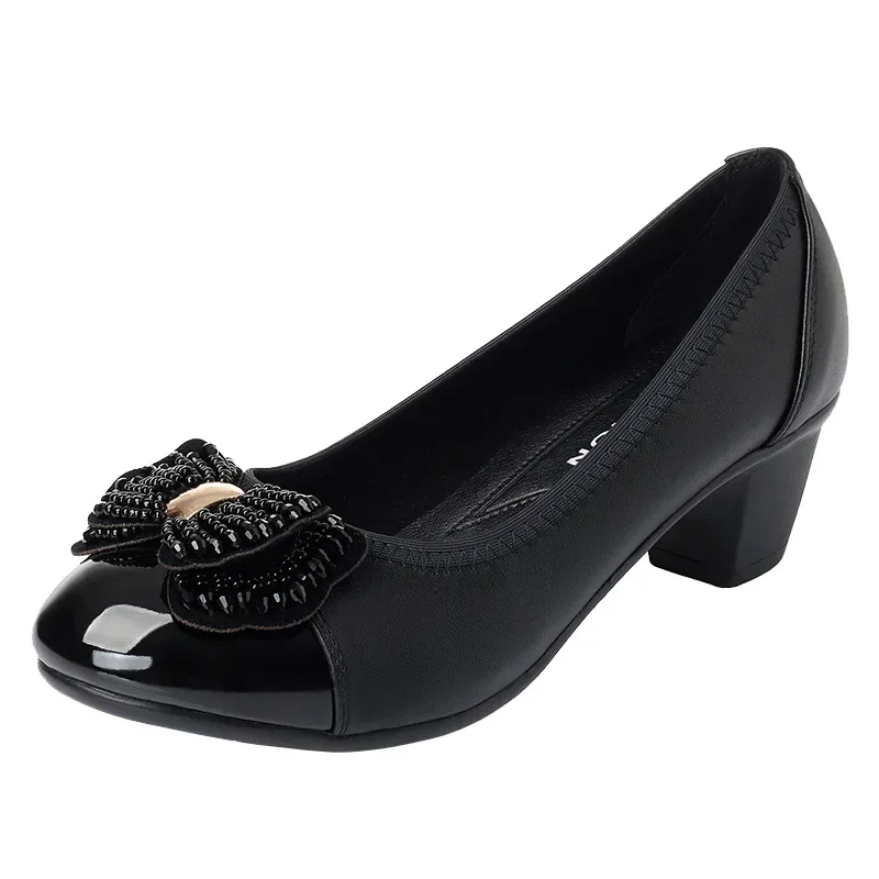 5cm Breathable Comfortable Shallow Mouth Bowtie Soft Leather Shoes Spring 2025 Med Block Heels Pumps Black Shoes for Office Mom