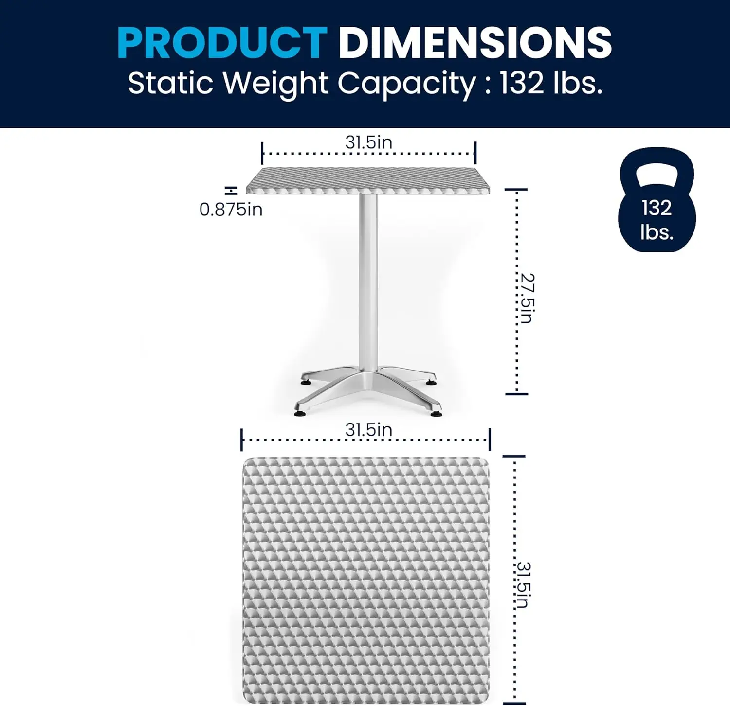 Conjunto de jantar de alumínio com mesa quadrada, 4 cadeiras de slat, interior e exterior, mesa e cadeiras de bistro, prata, 5 pcs