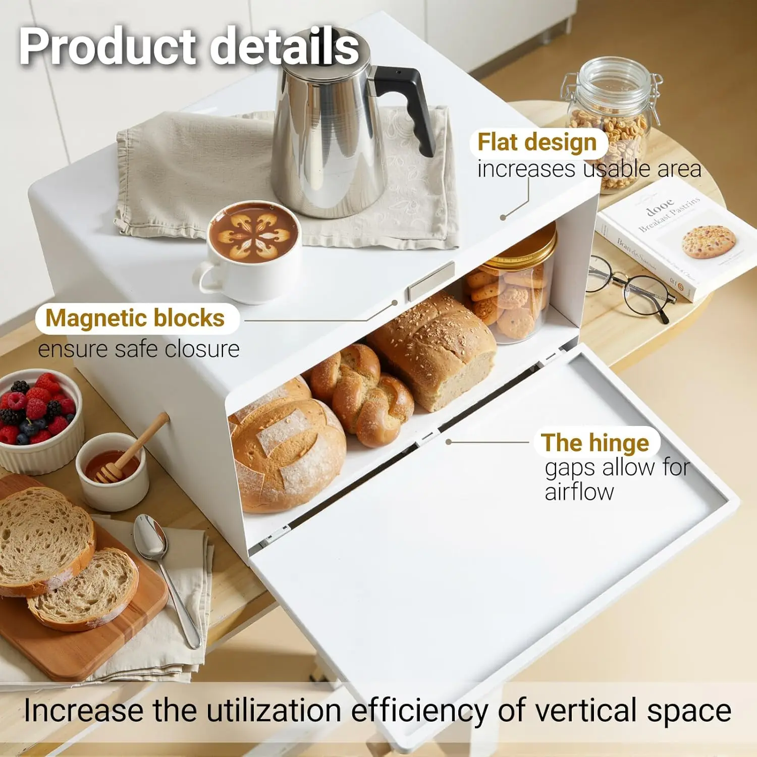 Slim Metal Bread Box with Wood Handle, Space-Saving Kitchen Storage Container for Countertops