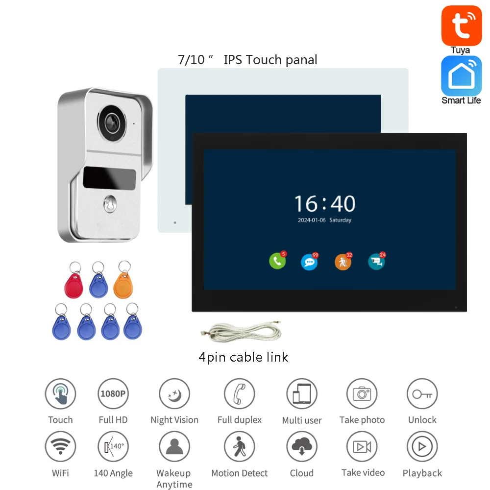 2.4G Wifi Door Camera with Monitor Tuya APP Control Smart Life Video Door Phone 7/10 Inch Screen 1080P Door Bell IC Unlock