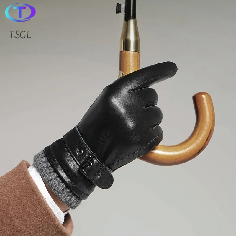 

New Arrival Black Men Genuine Sheepskin Leather Gloves Autumn Winter Warm Motorcycle Riding Driver Finger Gloves