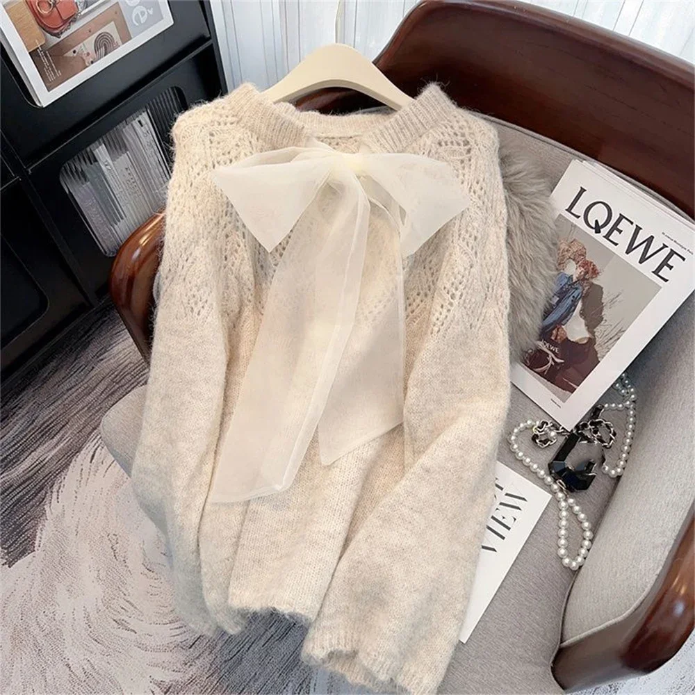

Женские свитера с вырезом во французском стиле и бантом, милые однотонные свободные длинные пуловеры, корейские модные повседневные элегантные женские свитера, топы