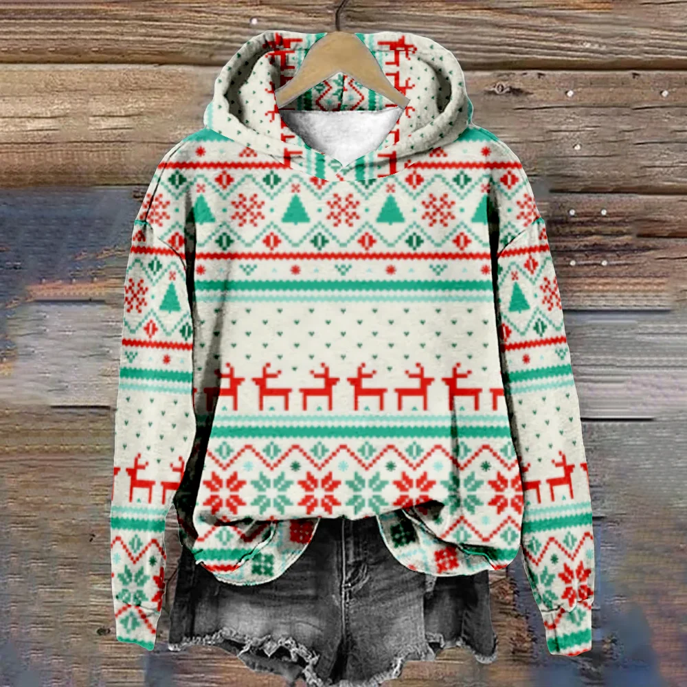 Christmas Hoodie for Women Patchwork Print Snowflake Fashion Harajuku Long Sleeve Sweatshirt Streetwear