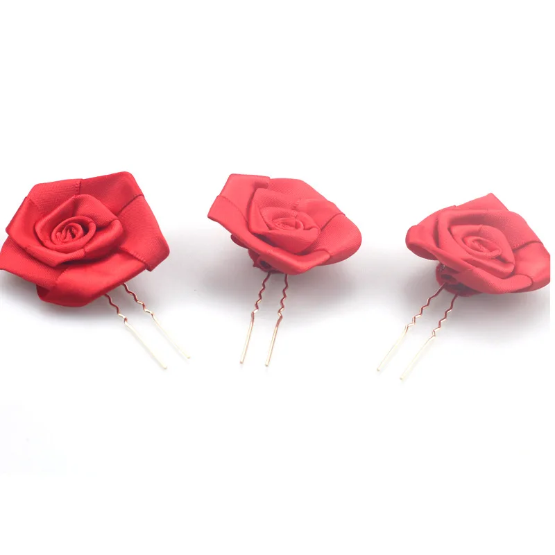 3 قطعة الشريط الأحمر المزورة اليدوية 5 سنتيمتر زهور النسيج الوردي دبابيس الشعر الزفاف إكسسوارات الشعر أغطية الرأس الزفاف #5
