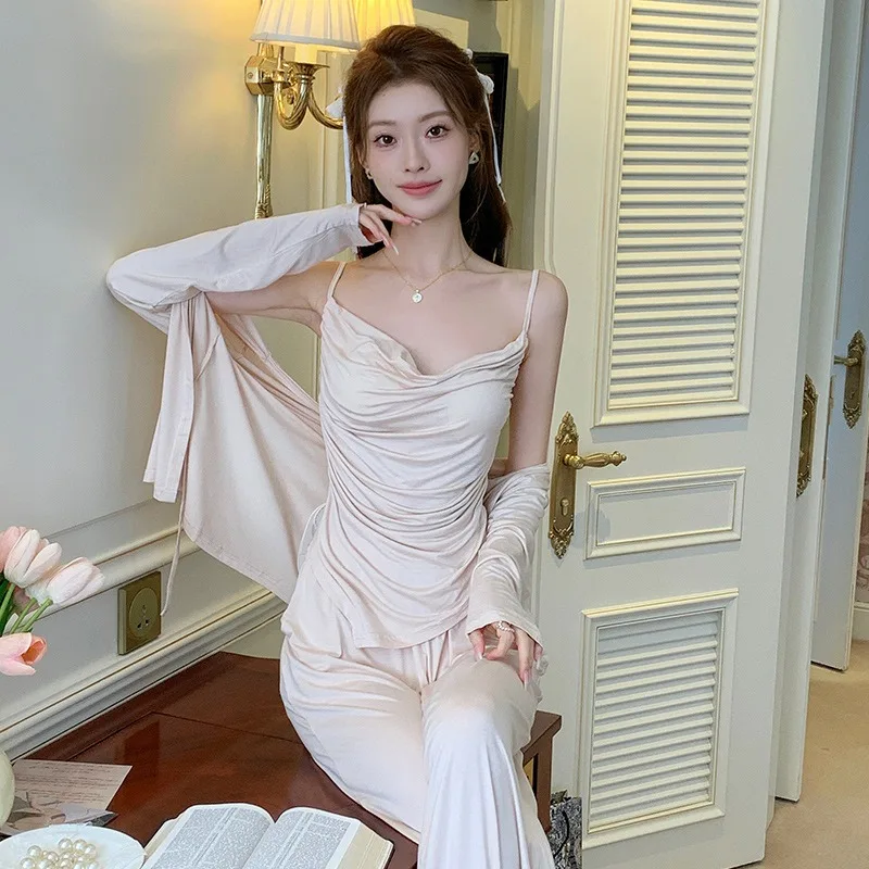 Three Piece Women's French Pajama Set Chest Pads Spring Autumn Sling Vest Indoor Outdoor Wear Comfortable Loungewear XL Size