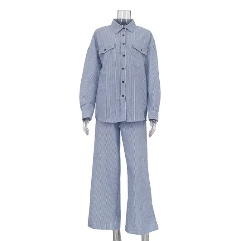 Wide Leg Pants Suit Women\'s Clothing Set Long Sleeves 2 Piece Sets Women Outfit 2024 New Blue Striped Lapel Shirt Pant Matching