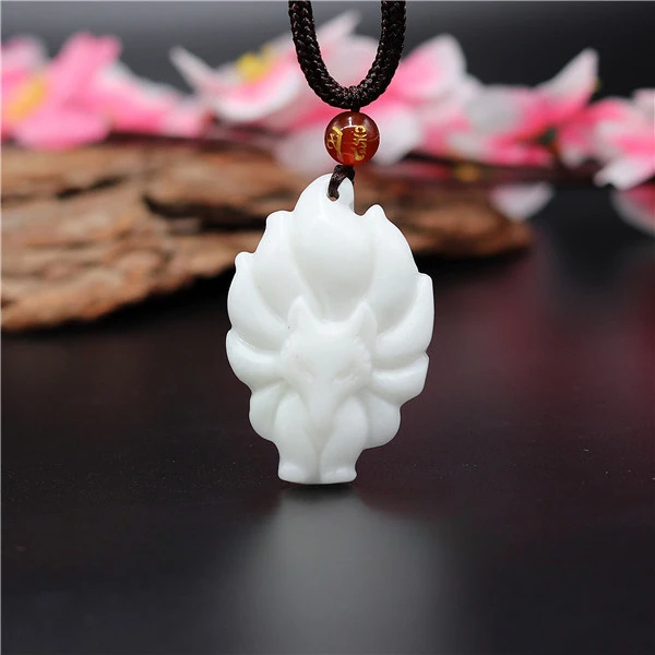 Natural White Chinese Jade Nine-tailed Fox Pendant Necklace Charm Jewellery Fashion Accessories Carved Amulet Gifts for Women