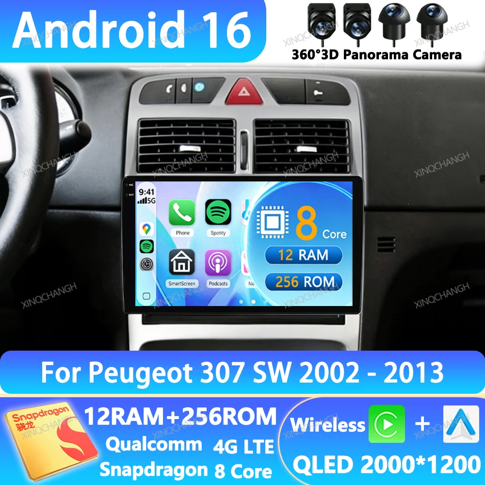 Android 16 Car Radio  For Peugeot 307 307CC 307SW 2002 - 2013 Multimedia Stereo Video Player GPS Head Unit BT Qualcomm QLED 2DIN