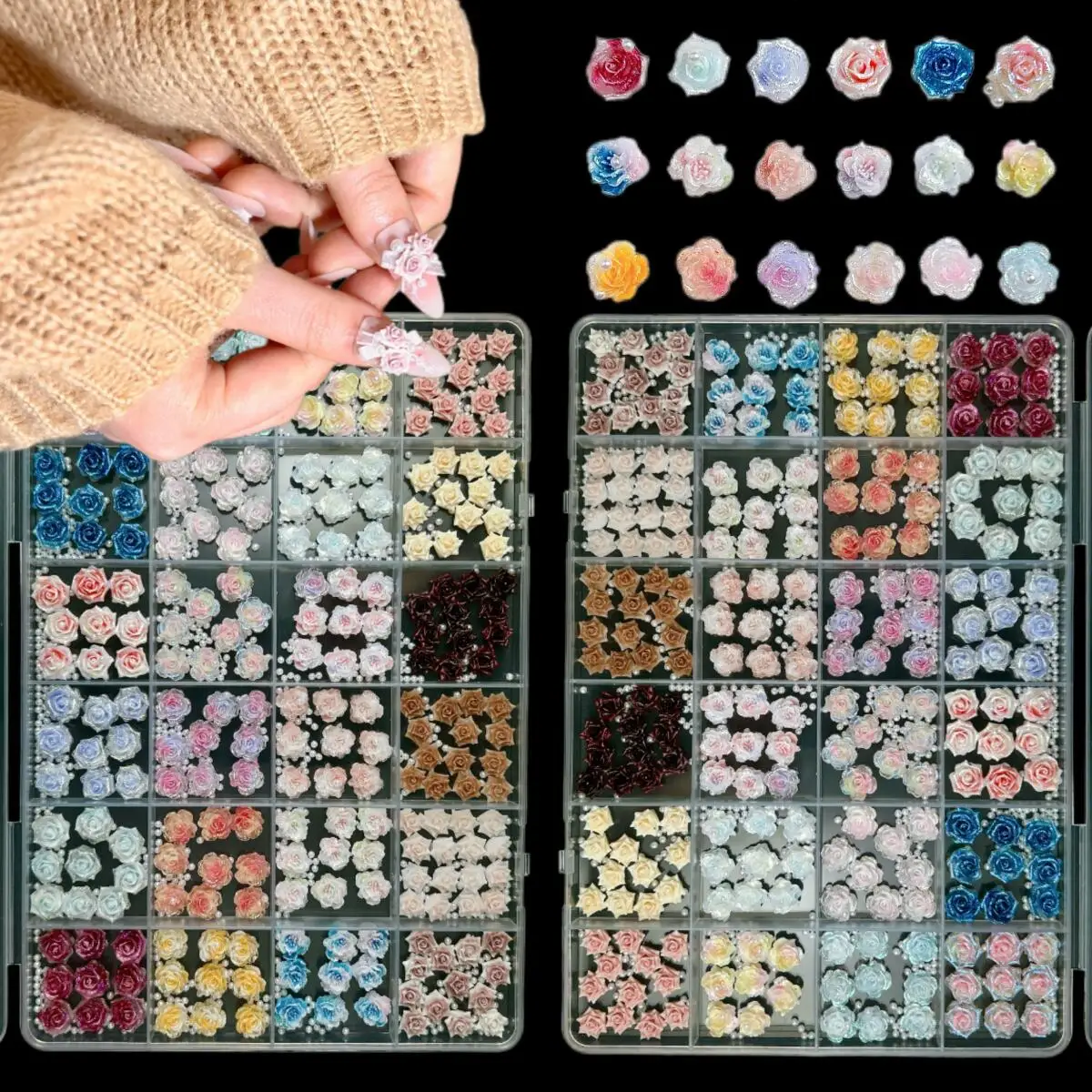 

1Box Multi-colors Sparkling Camellia Resin Nail Charms Realistic Cherry Biscuit Irregular Rhinestones Nail Art Decorations DIY