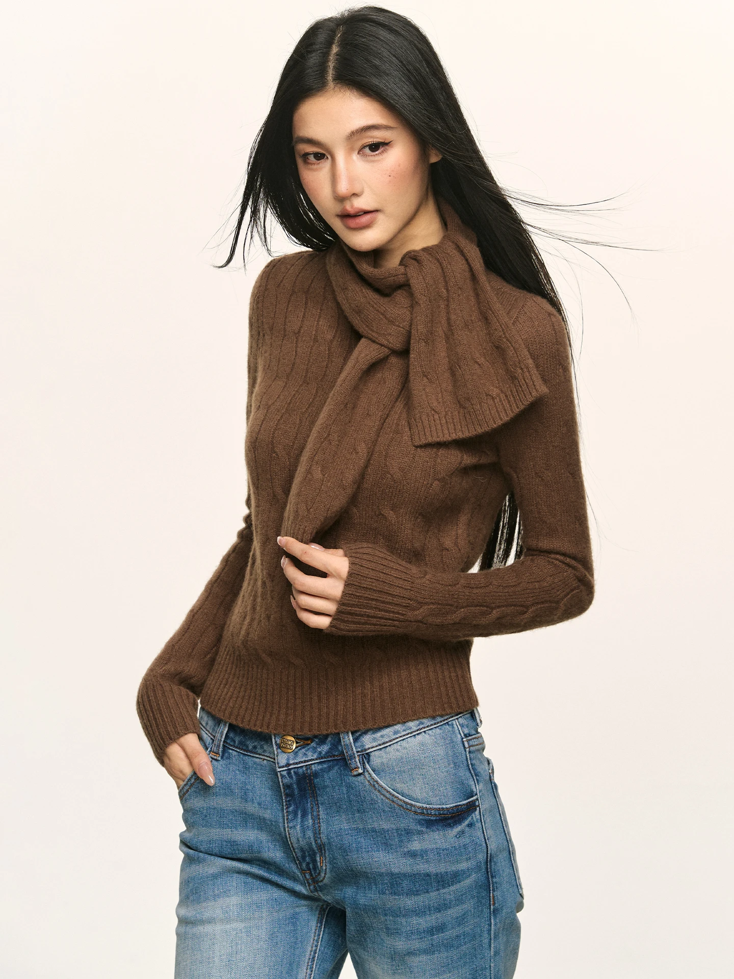 

Anna Aneae женский теплый вязаный свитер с шарфом Base irt винтажный топ Long Sve на осень и зиму