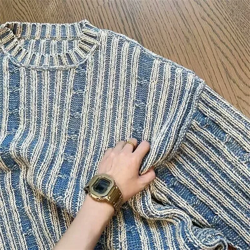 

Autumn Striped Knitted Sweater For Men Korean Fashion Streetwear Pullovers Knitwear 2025 New Y2K Vintage Patchwork Jersey Hombre