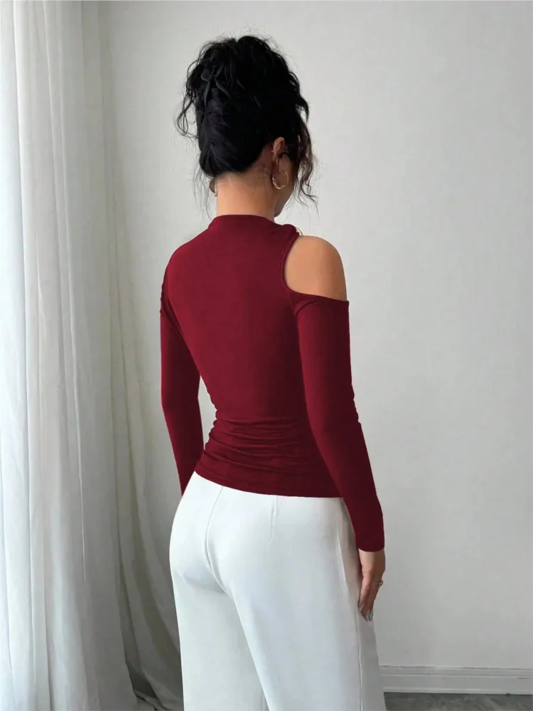 Women's Hollow Solid Color Long-sleeved T-shirt Autumn Fashion Asymmetrical Collar Off-the-shoulder Metal Decoration Slim Top