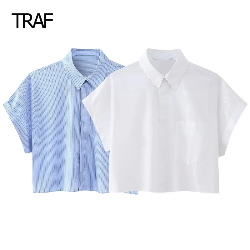 TRAF Striped Cropped Shirt Women's Blouse Spring Summer 2024 Lapel Collar Long Sleeves Pocket Top Elegant And Youth Woman Blouse