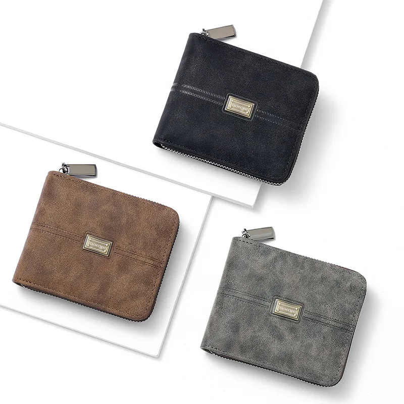 Short PU leather men's wallet with matte anti-slip splicing, lightweight large banknote position zipper business wallet