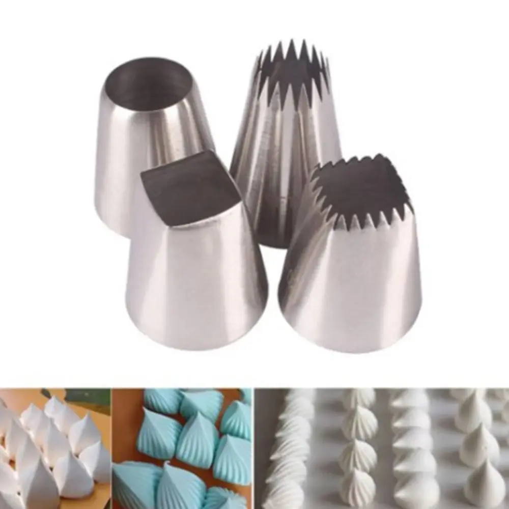 4Pcs Large Size Square Round Icing Piping Nozzle Seamless Stainless Steel Cream Piping Tips Multi Style DIY Cake Decorating Tips