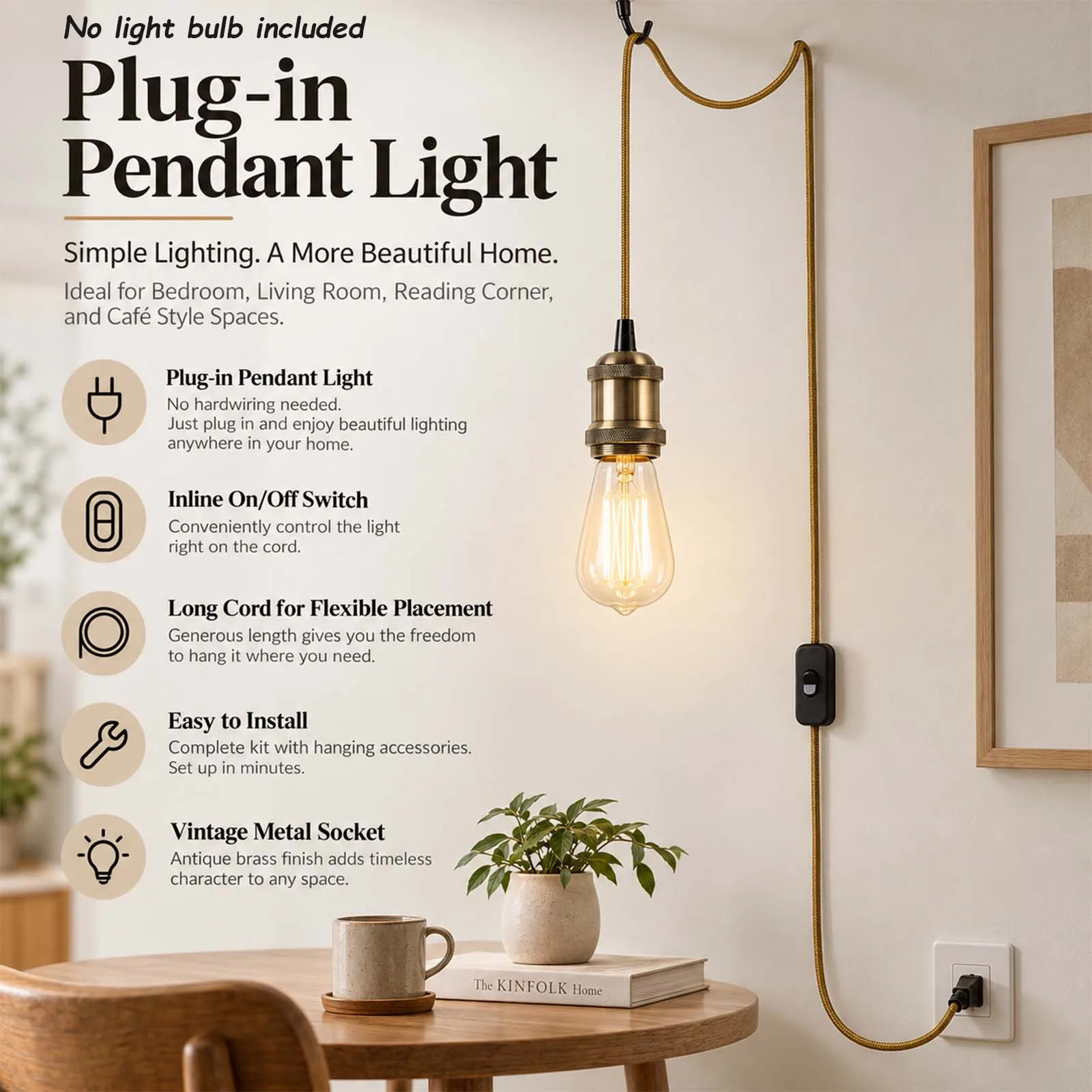 Pendant Light Cord Kit, Tan Braided Cable, Antique Brass Socket, Inline Switch, EU Plug