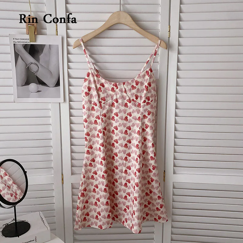 Rin Confa Summer Sweet Small Floral Print Slim Tank Tops Love Print Sleeveless Sling Vest Thin All-Match A-Line Shaped Dresses