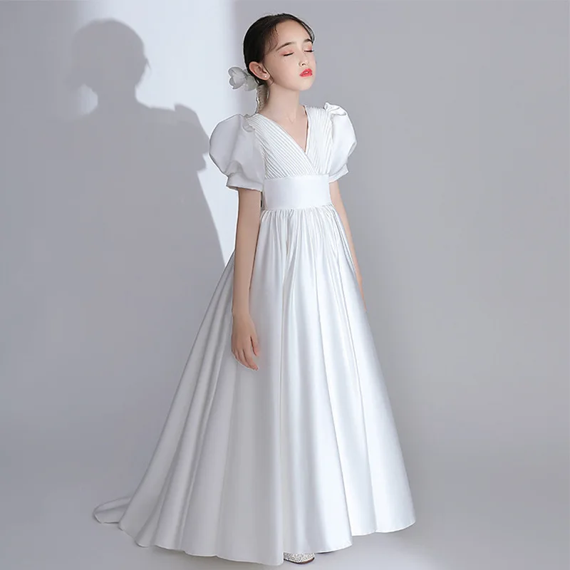 Girls' Evening Dress2024Summer New Satin Middle School Student Piano Competition Performance Dress Manufacturer Source
