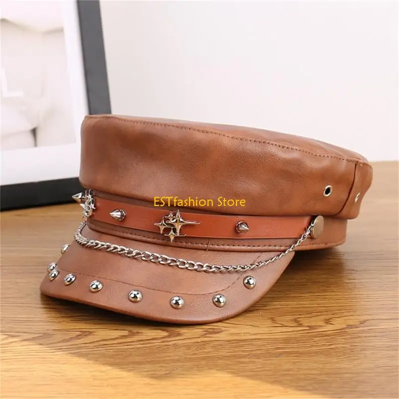 Y5GC Unisex PU Leather Sailor Cap Flat Top Features Chain Belt Buckles Decoration