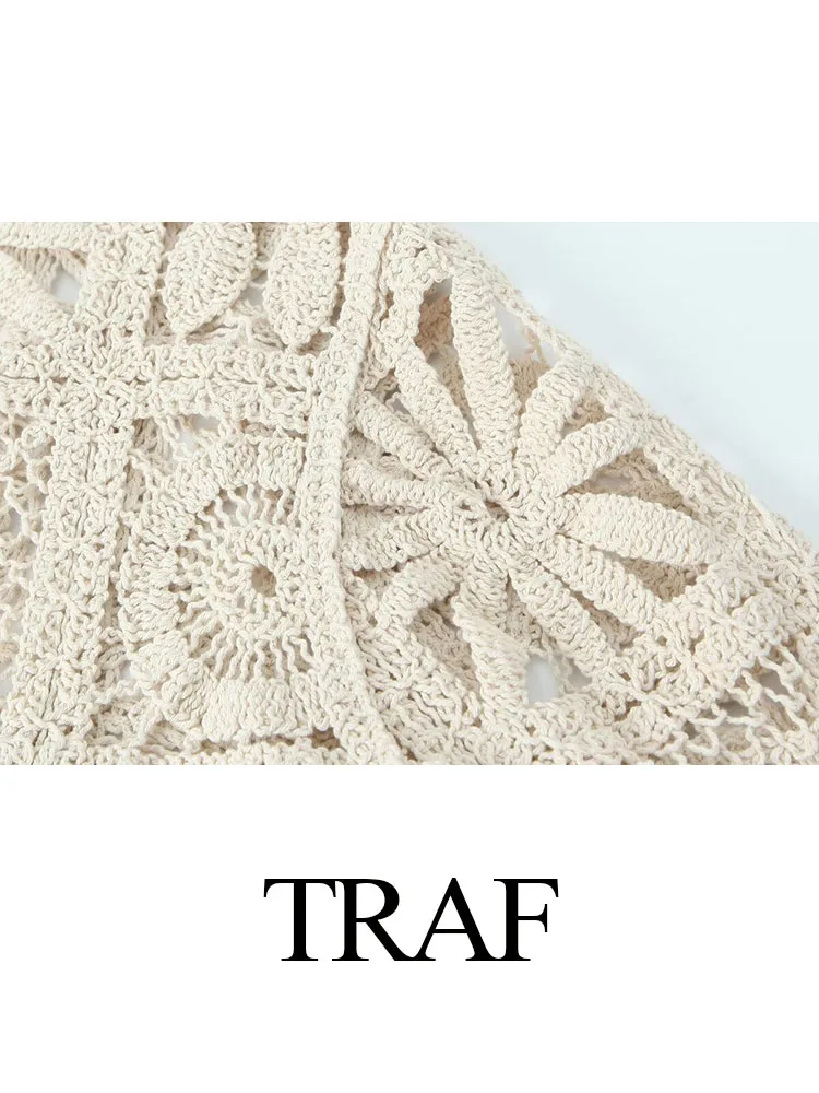 Traf-سترة نسائية برقبة على شكل حرف V ، أنيقة ، أكمام طويلة ، مجوفة ، معطف محبوك ، أزرار كروشيه ، ملابس خارجية ، موضة جديدة ، صيف