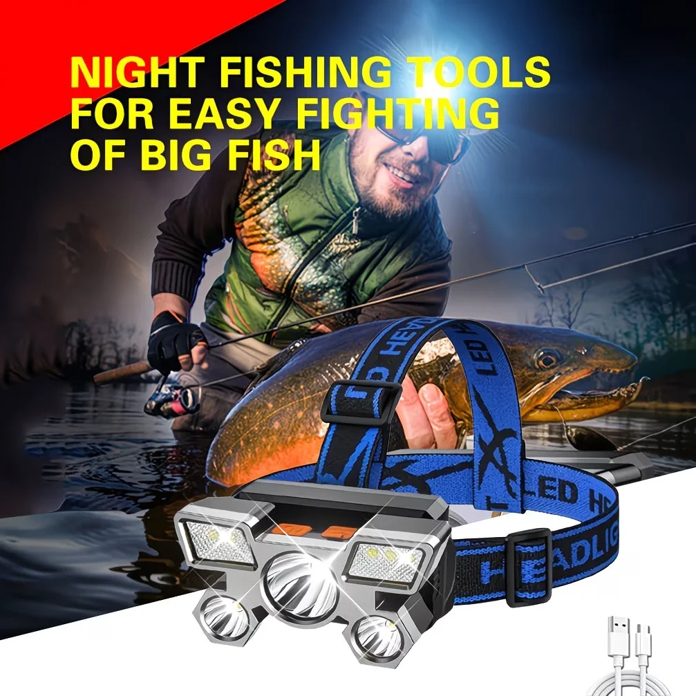 

1pc 5 LED Headlamp, USB Rechargeable Head Mounted Flashlight, Hands-free Torch for Running Hiking and Fishing Night Lighting.