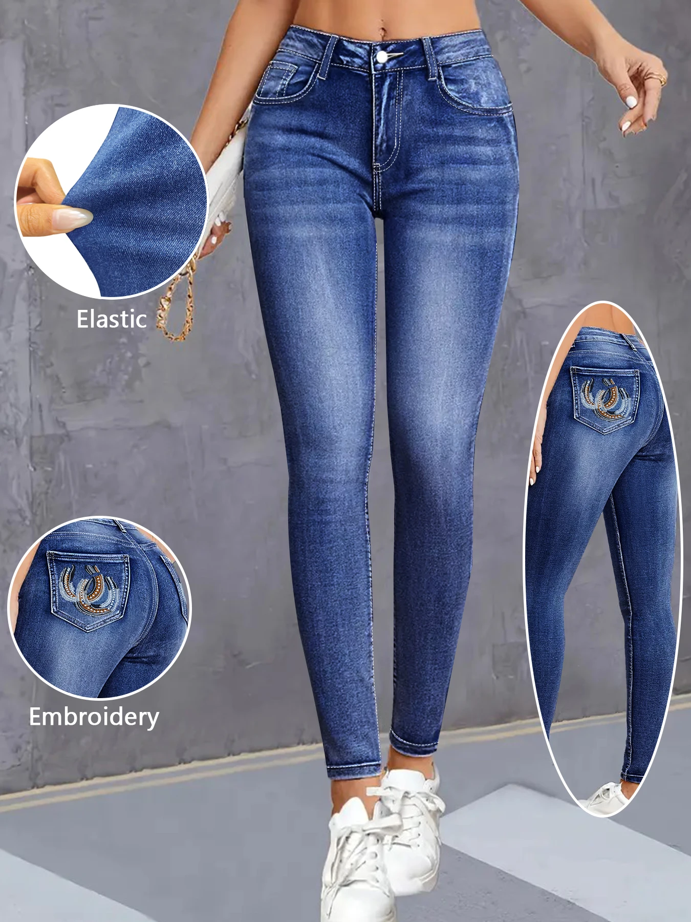 جينز عالي الخصر مقاس كبير، أزرق داكن، مناسب للتخسيس والترشيح، يتميز بتطريز حدوة الحصان. #6