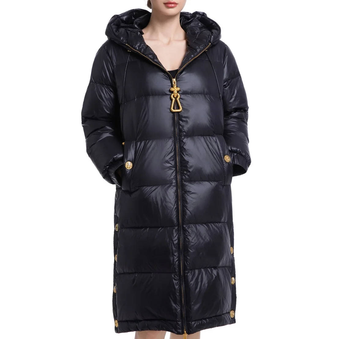 سترة شتوية نسائية لعام 2025 بطول 90 سم، طلاء PU، مشبك معدني، دافئ، بقلنسوة، Y2K موضة جديدة، حمالة صدر سترة عالية الجودة #1