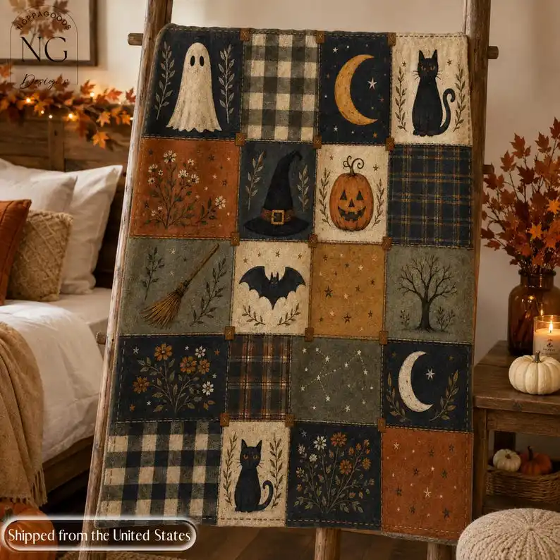 Vintage Halloween Blanket, Ghost Black Cat Pumpkin Throw, Witch Hat Bat Patchwork Decor, Rustic Cottagecore Fall Gift