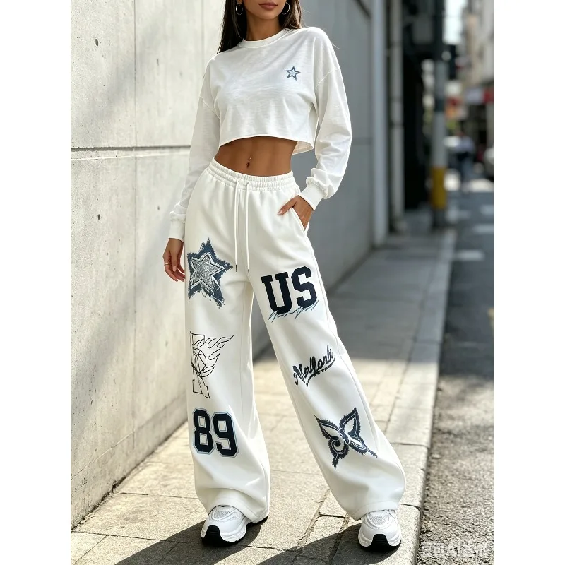 Baggy Loose Black Blue Contrasting Y2K Track Pants Women Kid Street Fashion American 3D Printed Pants Hip-hop Totem Graffiti