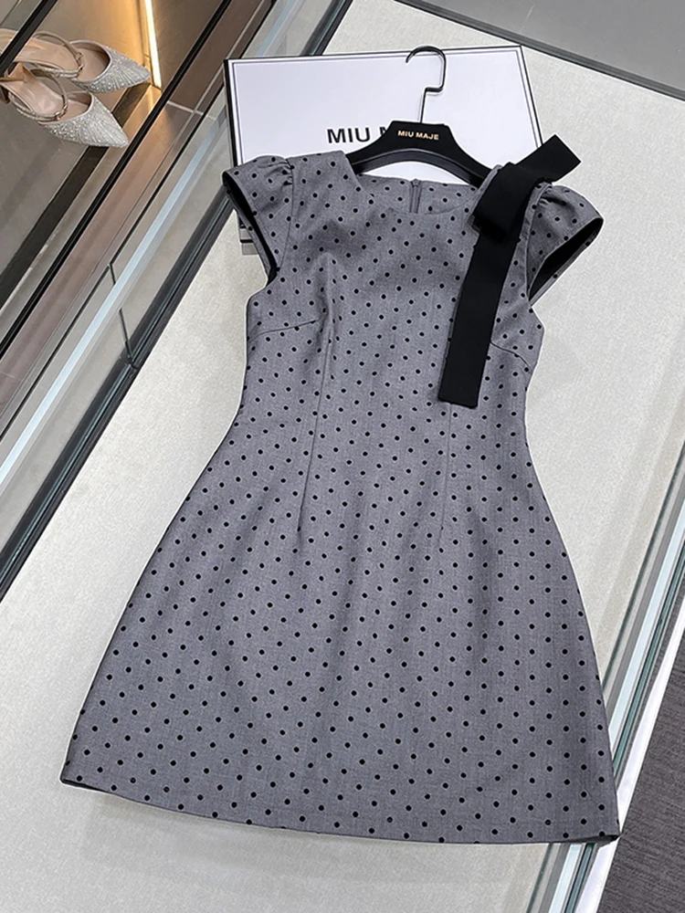 

High Waist Polka Dot Dress Women's A-Line Skirt Style Knot Waist-Cinching Fly Sleeve Dress Commute Spring Summer Au...