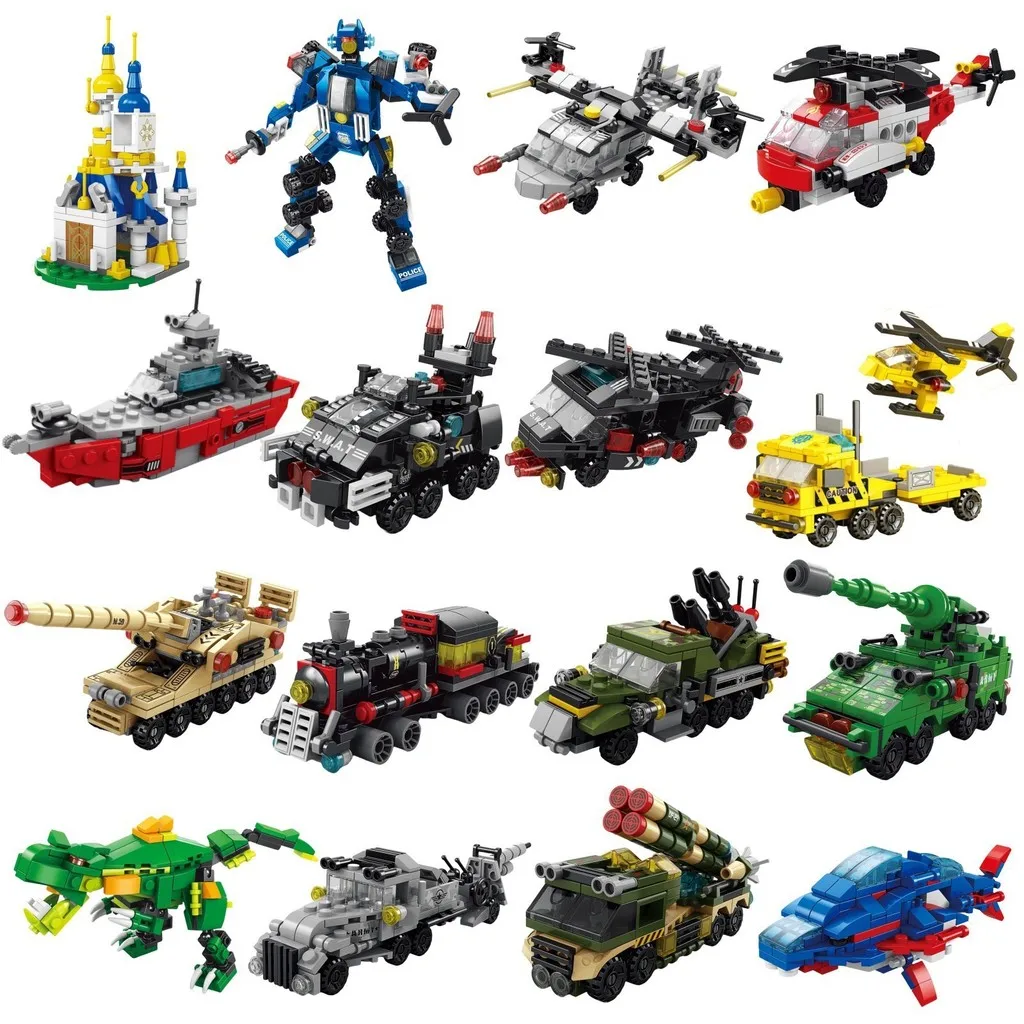 6 IN 1 City Engineering Car Police Truck Mech Dinosaur Building Blocks Tank Helicopter Bricks Fire Fighting Set Toy for Children
