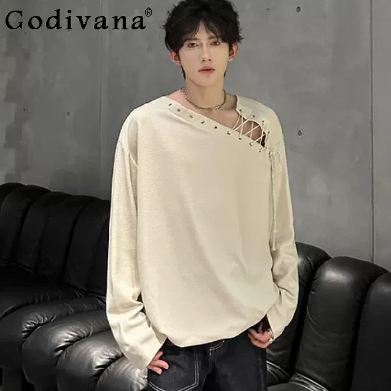 

Autumn Chic Elegant Slanted Shoulder Irregular Hollow Lace-up Long Sleeve T-shirt Men's Fashion Loose Versatile Handsome Tops