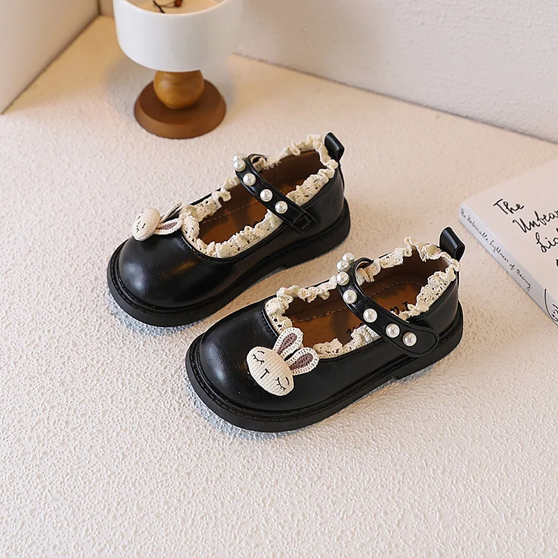 

Toddlers Girls Leather Shoes with Cute Cartoon Rabbit Fashion Princess Sweet Ruffles Children Casual Flats Mary Janes 2026 New