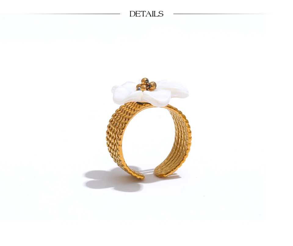 Yhpup Thicker Natural Shell Flower Open Gold Color Ring Fashion Stainless Steel Stylish Exquisite Waterproof Finger Jewelry