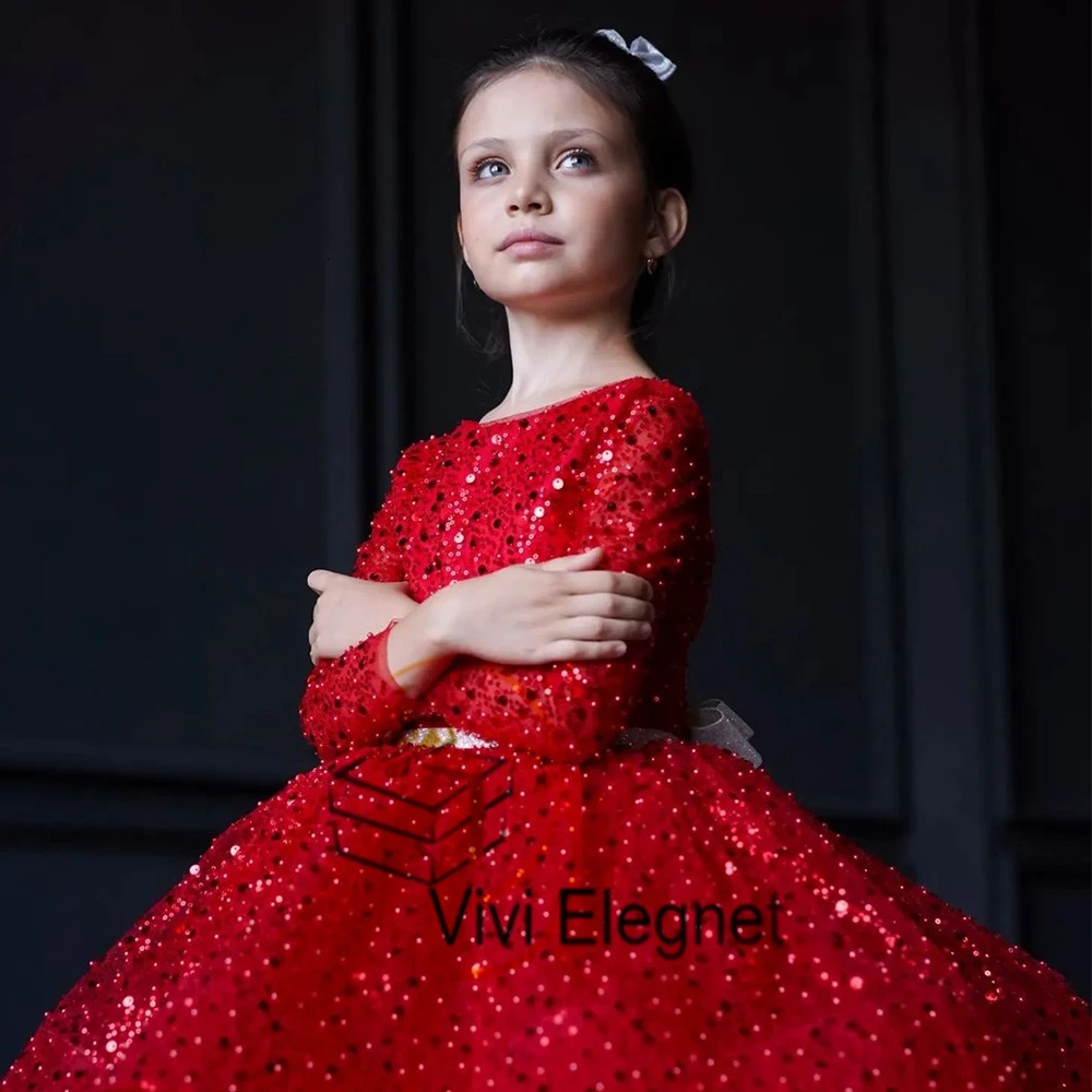 

Sparking Red Full Sleeve Flower Girl Dresses with Sequined Tutu Scopp Wedding Party Gowns Tiered فساتين اطفال للعيد VV980041