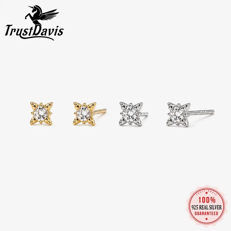 TrustDavis Real 925 Sterling Silver Fashion Eight-pointed Star Zircon Stud Earrings for Women Daily Wear Jewelry Gift DS4967