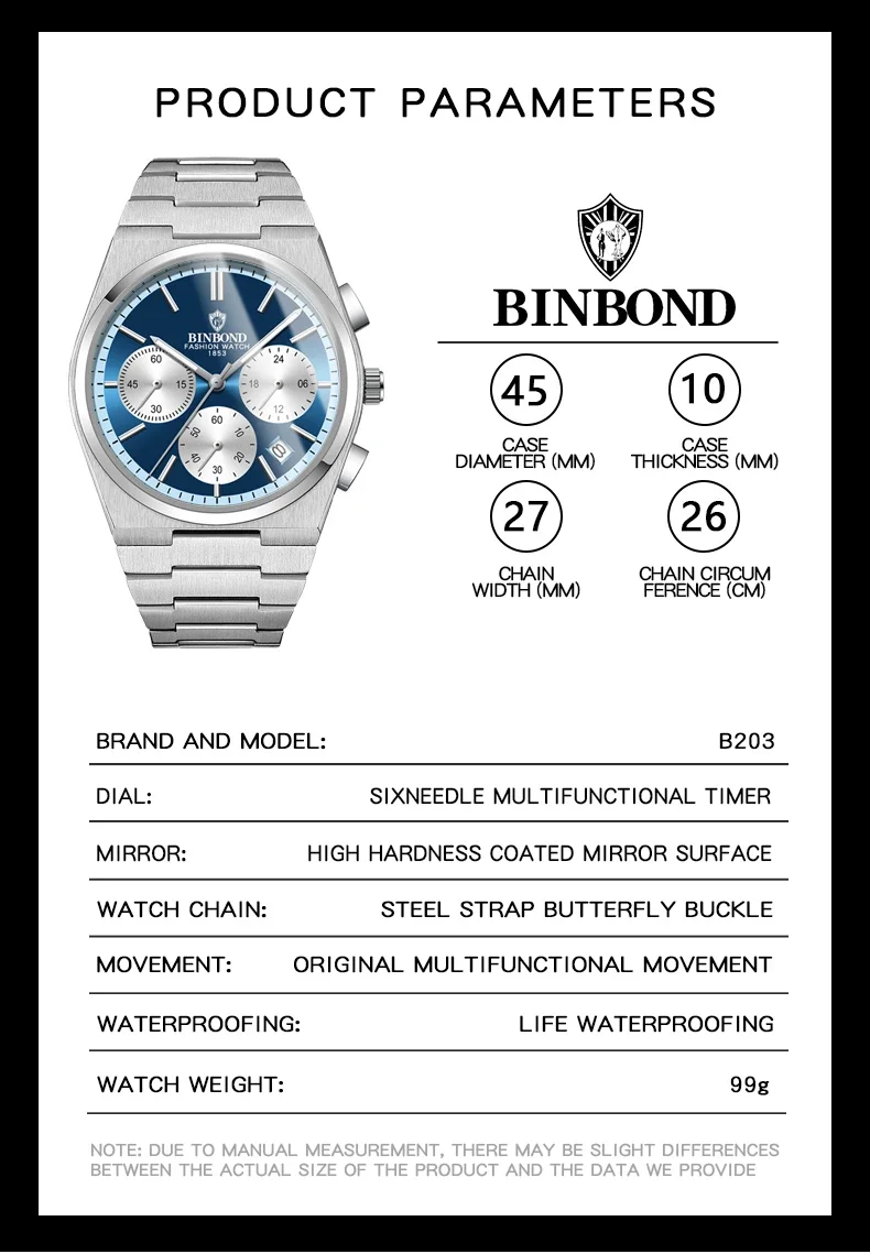 BINBOND Fashion Men's Quartz Watch Sports Three Eyes Six Needle Waterproof Glow Stainless Steel Timing Code Watch Men's Clock