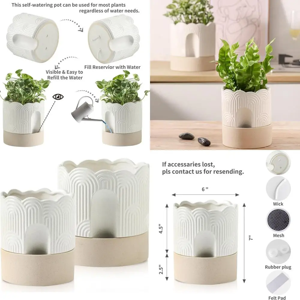 

Набор из 2 бежевых керамических горшков для растений (6 и 8 дюймов) с дренажем и резервуаром для воды