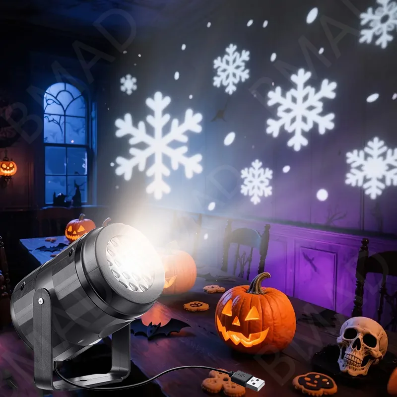 2025 LED Halloween Snowflake Projector Dynamic White Rotating Stage Light for Christmas Outdoor Bedroom Decor