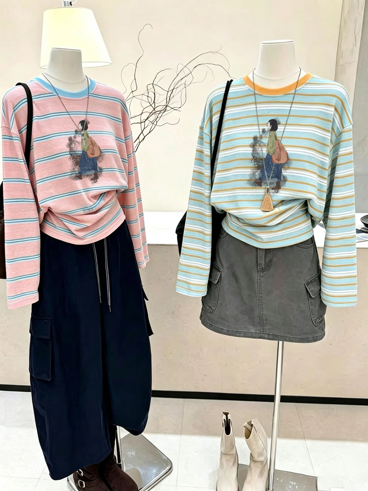 Loose Long Sleeve T-Shirt Women's Korean Style Rainbow Stripes Print Cotton Casual Top Slimming Cover up Shirt for Autumn