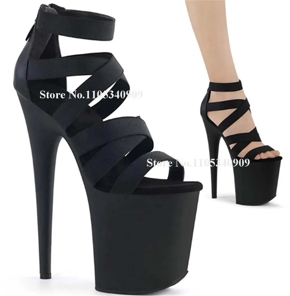 Bondarenko Fashion Black Straps Cross Stiletto Heel Sandals Open Toe Bandage High Platform 20cm Thin Heel Dance Shoes