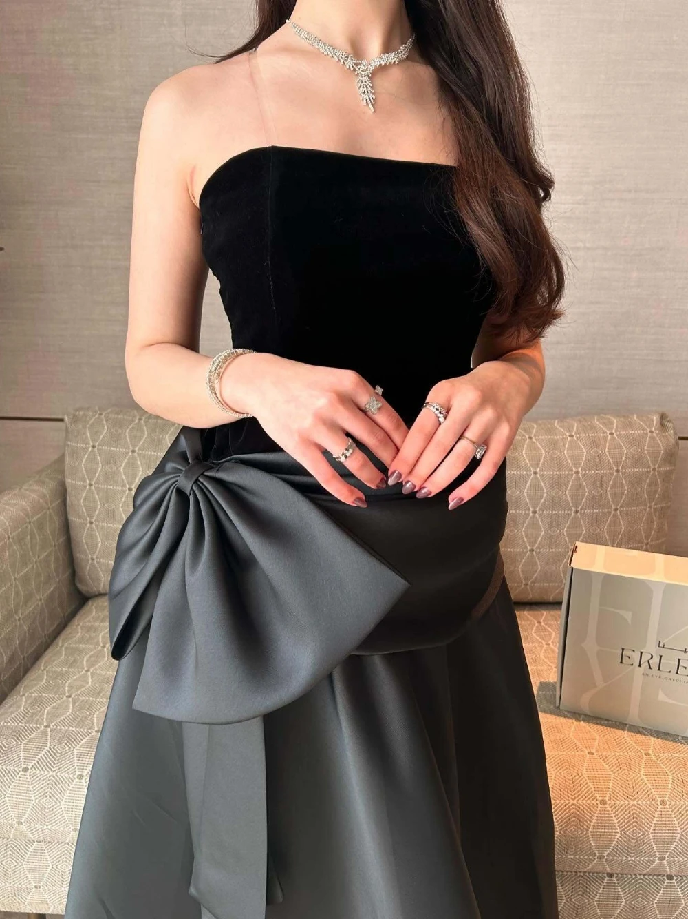 Vintage Black Strapless Evening Dress Elegant A Line Big Bow Prom Gown S-2XL Stunning Formal Banquet Party Women Wear