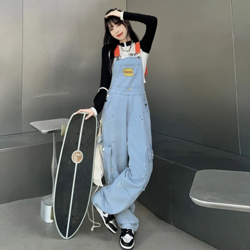Spring Denim Jumpsuits Women Korean Retro Straight Wide Leg High Waist Loose Pants High Street Fashion Casual Overalls Female