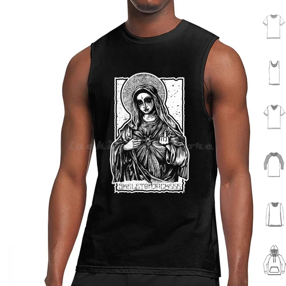 Mother Mary Tank Tops Print Cotton Mary Virgin Dark Evil Satan Hell Crucifix Goat Jesus Inverted Gothic 666 Religious